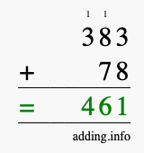 Calculate 383 + 78 using long addition