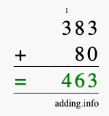 Calculate 383 + 80 using long addition