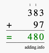 Calculate 383 + 97 using long addition