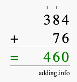 Calculate 384 + 76 using long addition