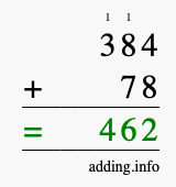 Calculate 384 + 78 using long addition