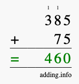 Calculate 385 + 75 using long addition