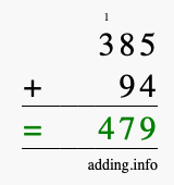 Calculate 385 + 94 using long addition