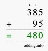 Calculate 385 + 95 using long addition