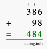 Calculate 386 + 98 using long addition