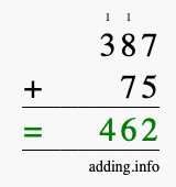 Calculate 387 + 75 using long addition