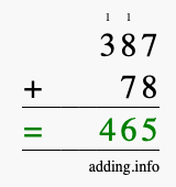 Calculate 387 + 78 using long addition