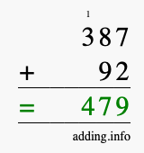 Calculate 387 + 92 using long addition