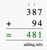Calculate 387 + 94 using long addition