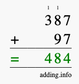 Calculate 387 + 97 using long addition