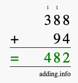 Calculate 388 + 94 using long addition