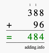 Calculate 388 + 96 using long addition