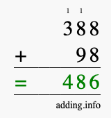 Calculate 388 + 98 using long addition