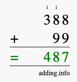 Calculate 388 + 99 using long addition