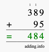 Calculate 389 + 95 using long addition