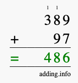 Calculate 389 + 97 using long addition