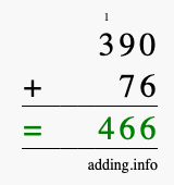 Calculate 390 + 76 using long addition