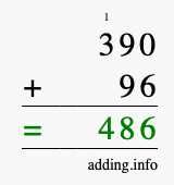 Calculate 390 + 96 using long addition