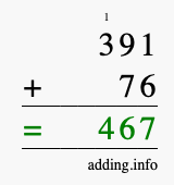 Calculate 391 + 76 using long addition