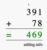 Calculate 391 + 78 using long addition