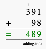 Calculate 391 + 98 using long addition