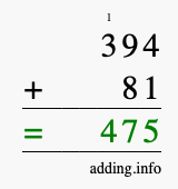 Calculate 394 + 81 using long addition
