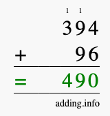 Calculate 394 + 96 using long addition