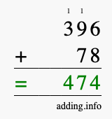 Calculate 396 + 78 using long addition