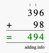 Calculate 396 + 98 using long addition
