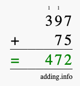 Calculate 397 + 75 using long addition