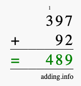 Calculate 397 + 92 using long addition