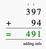 Calculate 397 + 94 using long addition