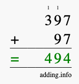 Calculate 397 + 97 using long addition