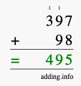 Calculate 397 + 98 using long addition