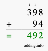 Calculate 398 + 94 using long addition