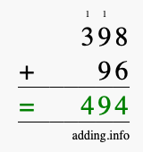 Calculate 398 + 96 using long addition