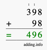 Calculate 398 + 98 using long addition