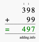 Calculate 398 + 99 using long addition