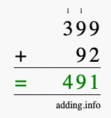 Calculate 399 + 92 using long addition