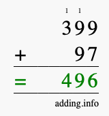 Calculate 399 + 97 using long addition