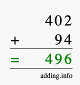 Calculate 402 + 94 using long addition