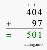 Calculate 404 + 97 using long addition