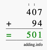 Calculate 407 + 94 using long addition