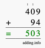 Calculate 409 + 94 using long addition