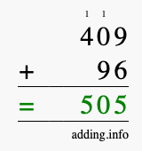 Calculate 409 + 96 using long addition
