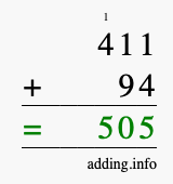 Calculate 411 + 94 using long addition