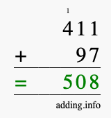 Calculate 411 + 97 using long addition
