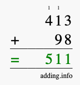 Calculate 413 + 98 using long addition
