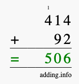Calculate 414 + 92 using long addition
