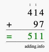 Calculate 414 + 97 using long addition